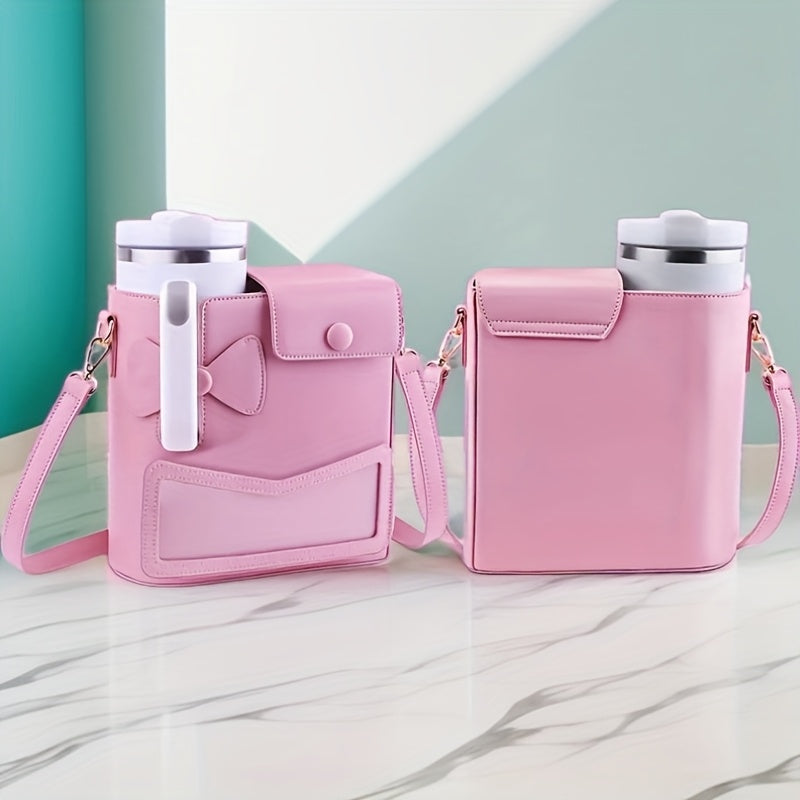 Pink Water Bottle Carrier with Adjustable Strap & Bow Detail - Stylish, Durable, and Water-Resistant for Outdoor Adventures, Outdoor Hydration Accessory | Feminine Touch Design | Functional Fashion